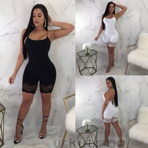 Womens Lace Sleeveless Bodycon Romper Exposed Back Jumpsuit Club Off Shoulder Skinny Bodysuit Short Pants