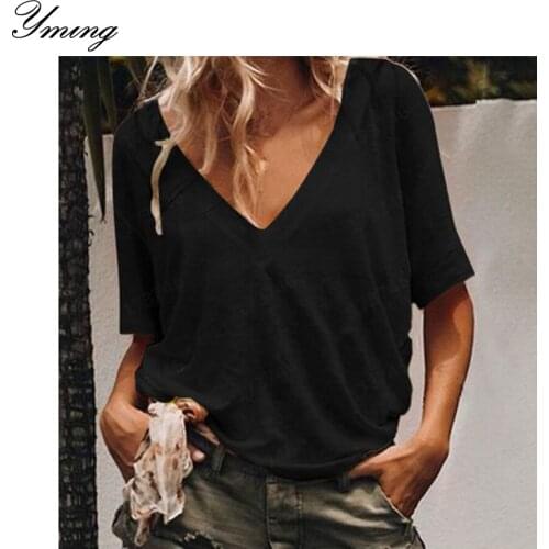 YMING Womens Summer V-Neck Pullover T-Shirt Solid Color Casual Top Womens Fashion Pullover T-Shirt Summer Comfortable Top