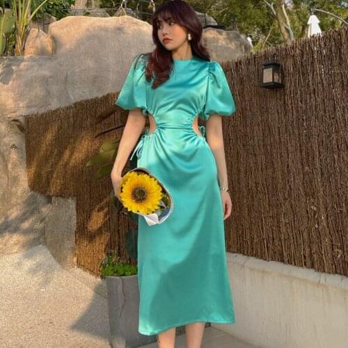 Fashion Casual Round Neck High Waist Midi Dress Robe Open Waist Sexy Zipper Puff Sleeve Beach Dress Women Summer 2021