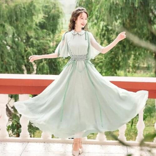 2021 New Retro Womens Dress Long Dress Half Sleeve Female Summer A-line Bandage Chiffon Dresses Girl Green Sexy Vestidos L366