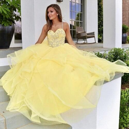 2020 Gorgeous Yolk Yellow Spaghetti Straps Glitter Sequin Crystal Beading Cascading Ruffles Ball Gown Quinceanera Dresses