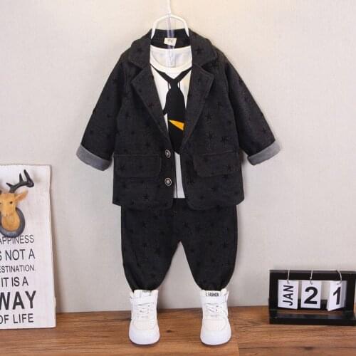 Toddler Boys Clothing Set 2021 Spring Autumn Kids Infant Star Print Cotton 3pcs Suits Fashion Coat+Tie Shirt+Pants Baby Clothes