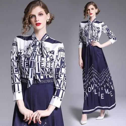 England Style Casual Holiday Boho Maxi Dress Designer Letter Print Long Puff Sleeve Bow Tie Neck Luxury Party Tunic Shirt Dress