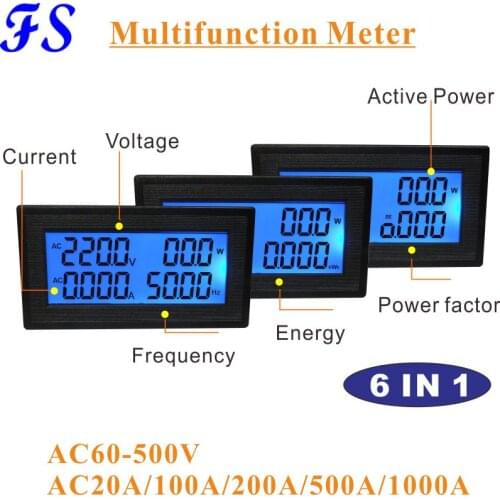 YB5140DM LCD Digital Voltmeter Ammeter 80-260V Voltage Current Meter Power Factor Frequency Energy Tester PF AC 60-500V 20A 100A