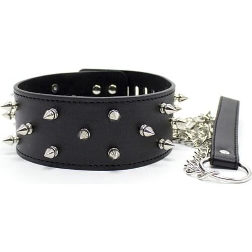 PU Leather Rivet Neck Collars with Chain Leash Fetish Slave Harness BDSM Bondage Restraints Sex Product for Couples in Sex Game