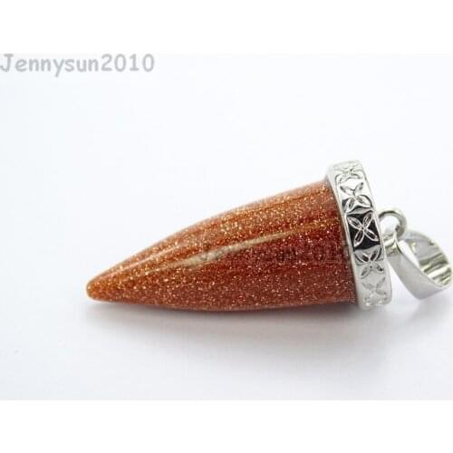 Natural Gold Sand Gems Stones Pointed Cone Spike Horn Tusk Tooth Silver Pendant Beads 10Pcs/Pack
