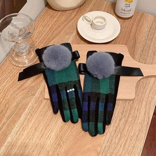 Gloves Cashmere Gloves Fox Hair Ball Wool Check Cashmere Gloves Korean Fashion Plus Cashmere Thick Finger Touch Screen Gloves