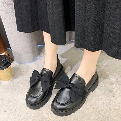 Spring Autumn Women Leather Platform Shoes Black Loafers Bow Slip on Flat Shoes Woman Casual Sewing Oxford zapatos mujer 8873L
