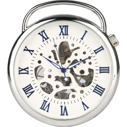 Hand Operated Mechanical Pocket Watch for Man, Silver Case Blue Roman Digital Pocket Watches for Boys, Large Watch for Teenager