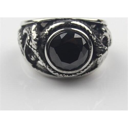 Black Cz Crystal Gem Snake Fashion Mens 316L Stainless Steel Biker Ring Mens Jewelry