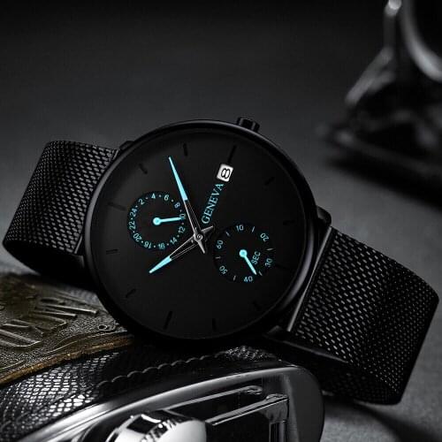 Mens Watch Top Brand Luxury Slim Date Clock Mens Steel Band Casual Quartz Watch Mens Sports Watch Black Dial Color pointers