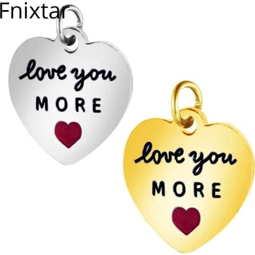 Fnixtar New Stainless Steel Charms Love You More Heart Metal Charm Gold Color Pendants for DIY Handmade Jewelry Finding 5pcs/lot