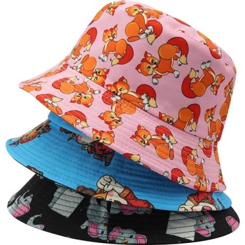Reversible Bucket-Hats Men Women Animal Print Sunscreen Fisherman Cat Cotton Fashion Travel Beach Panama Hat Fox Cow Hip Hop Cap