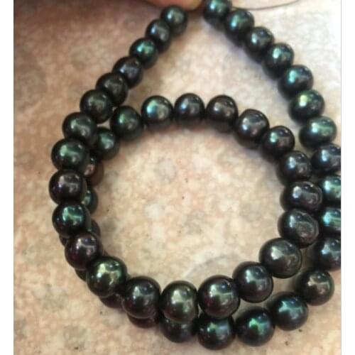 Stunning 11-12mmAAA freshwater round black green pearl necklace 18inch 925silver