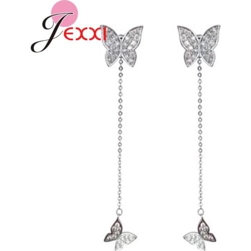 Luxury 925 Silver Thread Earrings Women Girl Crystal CZ Two Butterflies Brinco Eardrop Jewelry Wholesale Sterling Silver Gift