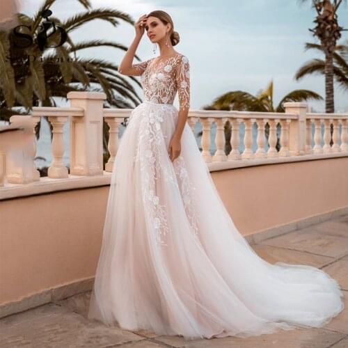 SoDigne Bohemian Summer Wedding Dress Blush Pink Long Sleeves Lace Princess Bridal Dresses Buttons illusion Bridal Gown