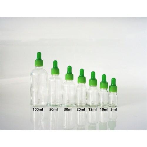 5/10/15/20/30/50/100ml Clear Empty Essential Oil Bottle Green Rubber Head Dropper Cover Green Cap Glass Transparent Containers