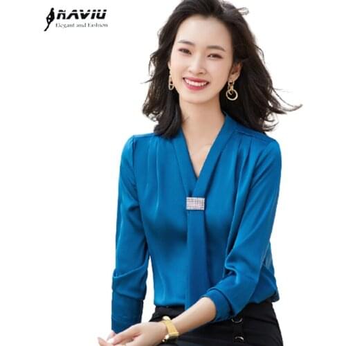Naviu High Quality Satin Material Women Deep V Neck Shirt Fashion Bow Tie Blouses Office Lady Tops Formal Wear