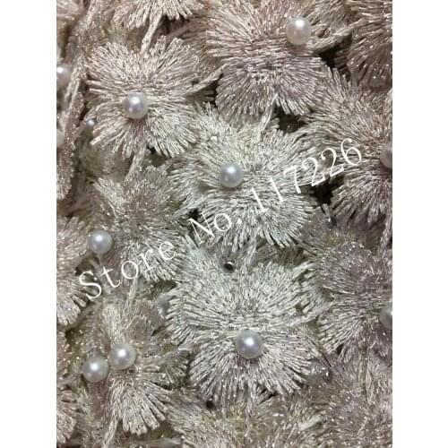 Top quality beaded Nigerian French Lace Fabric gray color African Guipure Lace Fabric with beads