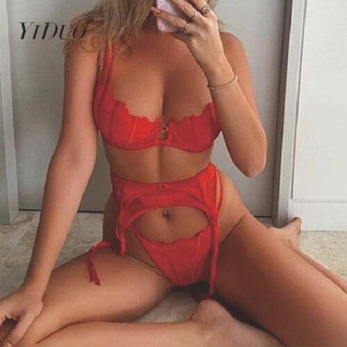 YiDuo Red Lingerie Underwear Set Sexy Lace Bra Set Underwire Push Up Brassiere Female Erotic Lingerie 3 Piece Set Women Clubwear