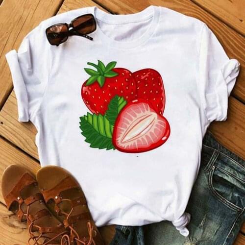 Maycaur New Kawaii Fruits Strawberry Print Women Tops Casual Female Short-sleeved Streetwear Black Round Neck Oversized T-shirts