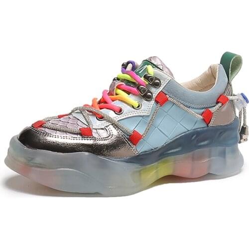 2021 new crystal jelly womens shoes mesh sneakers rainbow color old shoes female heavy summer breathable platform shoes
