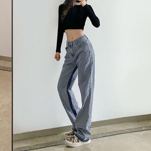 Women Fashion Straight Wide Leg Jeans High Waist Relaxed Fit Letter Embroidery Denim Pants