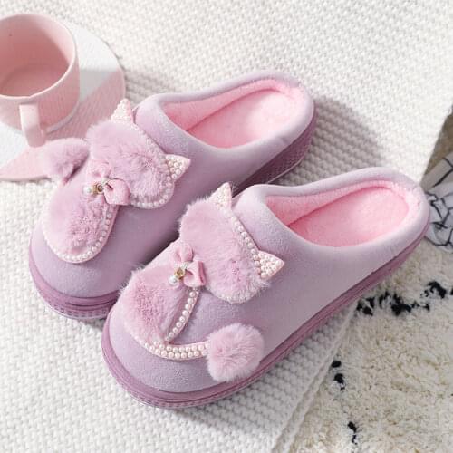 Women Winter Indoor Home Cotton Warm Plush Slippers Ladies Cute cat slippers Female Flat Shoes Shollow Thick Heels Pointed Toe