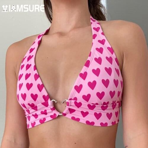 IAMSURE Casual Crop Tops Women 2020 Sexy Backless Heart Shape Print Halter Off Shoulder Tie Back Tank Top Streetwear Beach Style