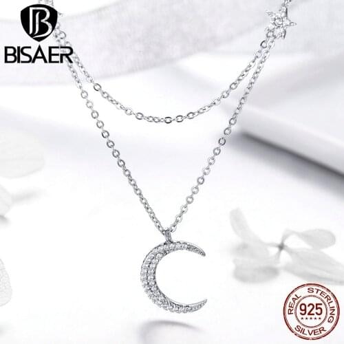 BISAER 2019 Romantic 925 Sterling Silver Moon & Star Necklaces For Women Girl Banquet Wedding Collar Silver Jewelry EFN038