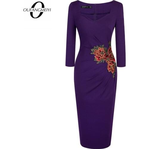 Women Vintage Classic Elaborate Floral Printed Embroidery Ruched Party Ladies Dress EB347