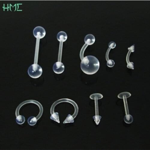 2Pcs Barbell Tongue Belly Ring Invisible Nose Rings Clear White Acrylic Ball Punk Bar Lip Ring Silicone Eyebrow Body Piercing