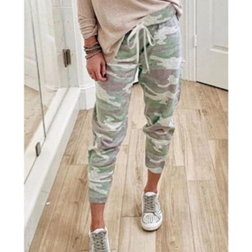 Camouflage Print Casual Feet Pants Women Drawstring Elastic Waist Trousers d88