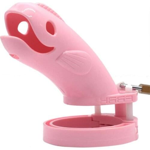Chaste Bird Standard Male Chastity Device, Cock Cage with 5 Size Rings, Brass Lock, Pink Whale Head Shaped Tags, Sex Toys