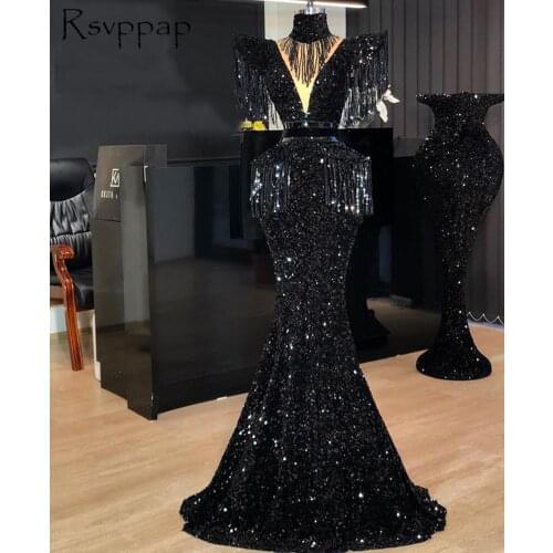 Long Luxury Evening Dresses 2021 Sparkly Black Sequin High Neck Mermaid African Women Beaded Formal Party Gowns