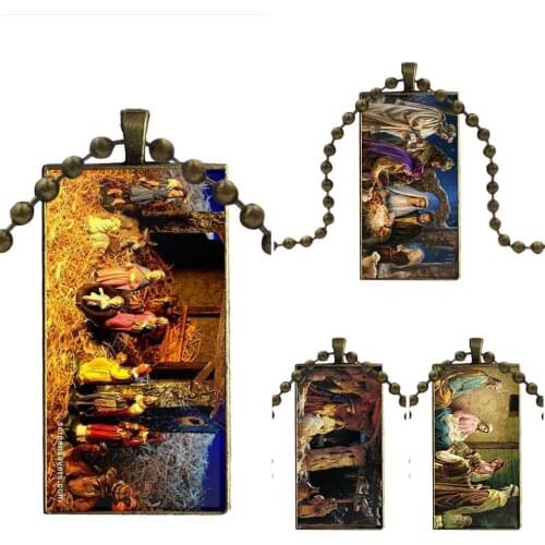 For Child Christmas Nativity Scene Jewelry With Bronze Plated Glass Cabochon Choker Long Pendant Rectangle Necklace
