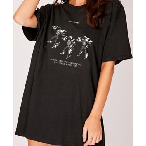 Female Skeleton Fire T-Shirt Women Summer Casual Oversized Cotton Tshirt Grunge Aesthetic Gothic Tee Shirt Cute Streetwear Top