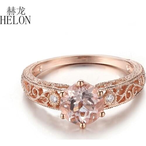 HELON Solid 18K Rose Gold Flawless Round 6.5mm Genuine Morganite Diamonds Engagement Ring Women Unique Fine Jewelry Diamond Ring