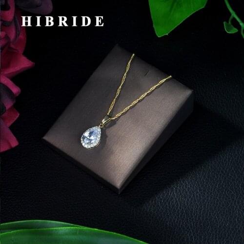 Hibride Simple Fashion Jewelry Silver Color Tear Drop Shape CZ Cubic Zirconia Pendant Necklace for Women Wedding Jewelry P08