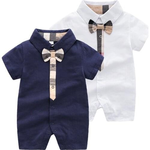 New arrival summer fashion newborn baby clothes cotton Plaid stripes short-sleeved gentleman baby Boy girl rompers 0-24 months