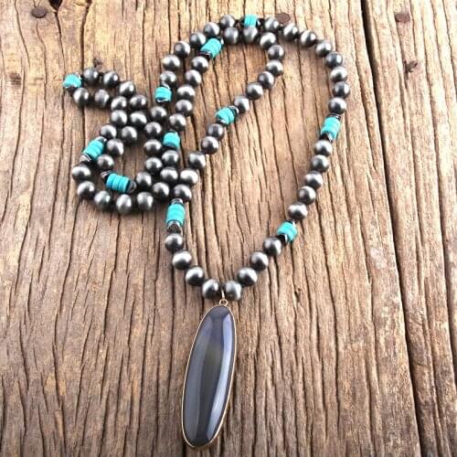 RH Fashion Boho Jewelry Accessory 10mm Gray CCB Long Knotted With Gray Long Pendant Necklaces Women Bohemia Necklace