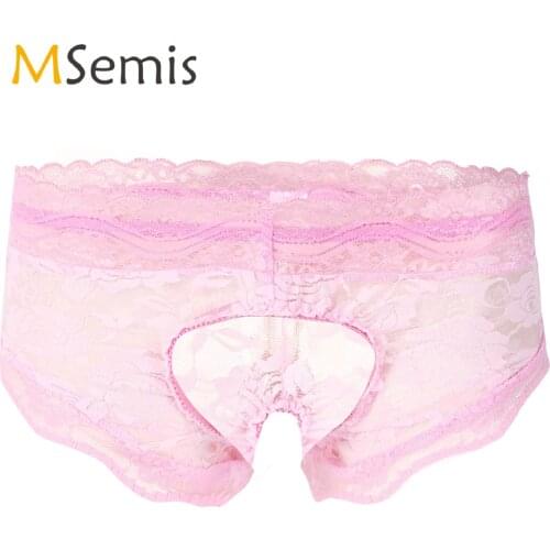 Mens Exotic Lingerie Panties See-through Lace Crotchless Briefs Boxer Shorts Open Crotch Sexy Gay Sissy Underwear Underpants