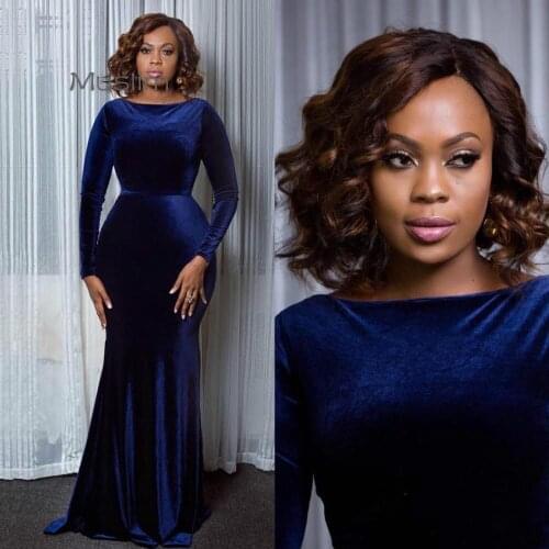 Long Sleeve Velvet Mermaid Evening Dresses 2021Long Sleeve O Neck Plus Size African Prom Dress Cheap Simple Long Party Dress