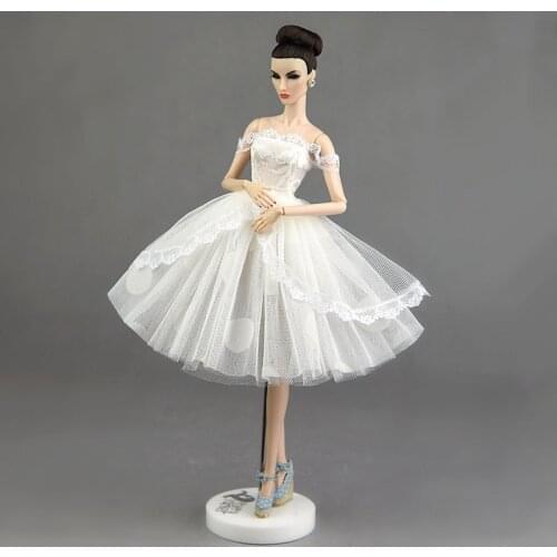 1/6 BJD Clothes Classic White Dotted Polka Princess Dress Party Gown for Barbie Doll Clothes Off Shoulder Ballet Dress Accessory