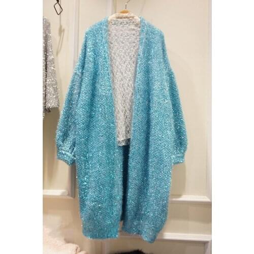 2020 Autumn new design womens v-neck long sleeve loose palazzo mohair wool knitted lurex shinny sweater cardigan medium long