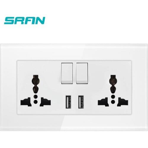 SRAN Tempered glass panel material 146*86mm dual USB with switch power outlet wall socket home decoration safety socket