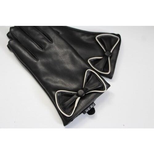 PU Bow Gloves and Cashmere Touch Screen Drive Warm Ladies' Trend Fashion