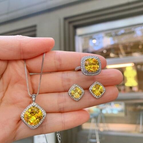 QTT 925 Sterling Silver Bling Set Temperament Square Yellow Cubic Zirconia Ring Necklace Earrings Simple Wedding Jewelry Set