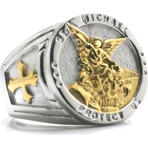 Size 6 To size 15 Unisex Cross Saint Michael Protect US 316L Stainless Steel Ring