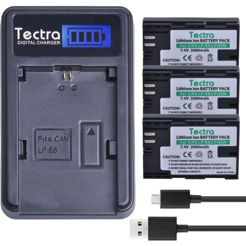 Tectra 3PCS LP-E6 LP-E6N Battery + LCD USB Charger for Canon EOS 5D 5D2 5DS Mark II 2 Mark III 3 6D 60D 7D 7D2 7DII 70D 80D